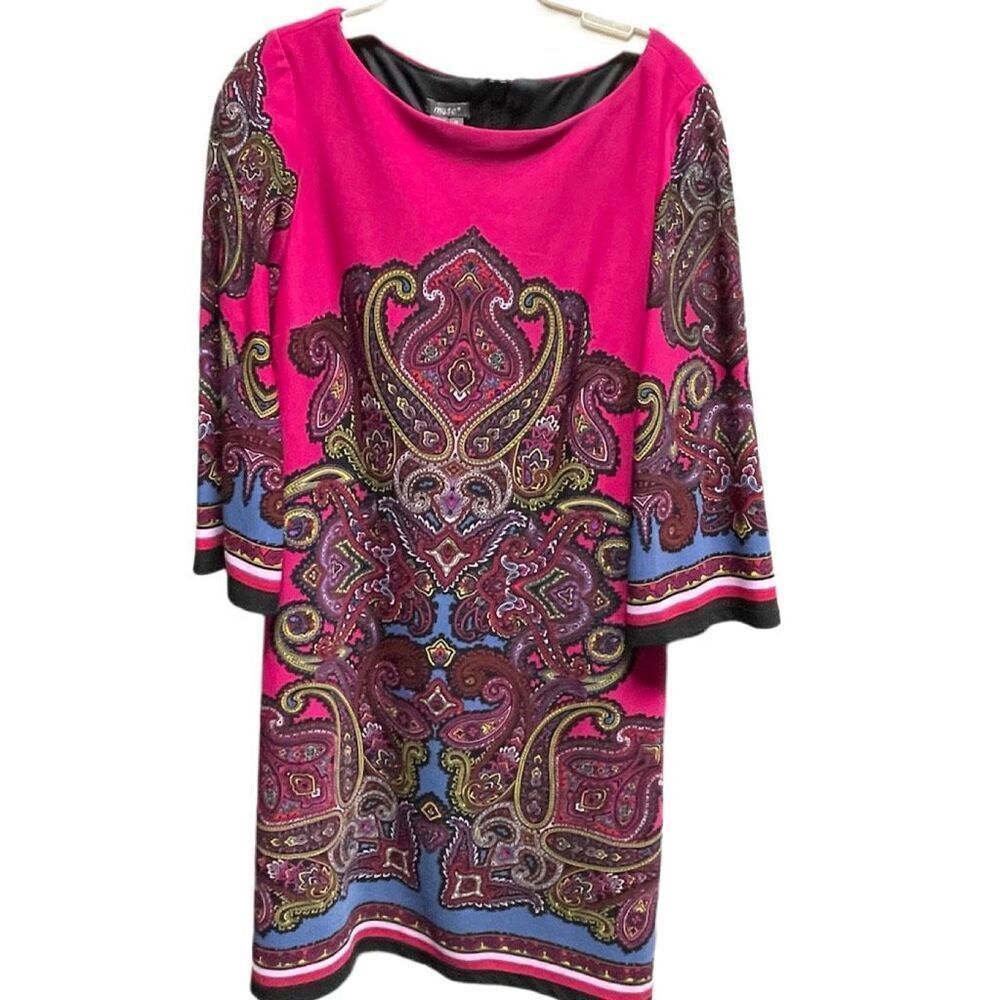 Muse size 8 shift dress paisley boho festival boat neck 3/4 sleeves dress